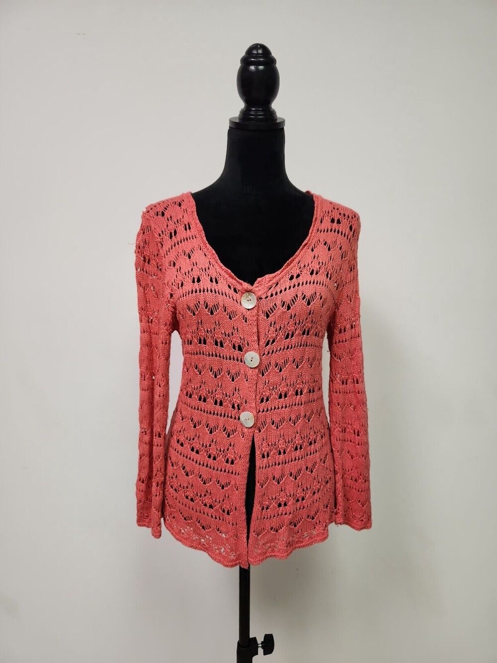 Putorti Women's Coral Crochet Cardigan Sweater With Mother Of Pearl Buttons M